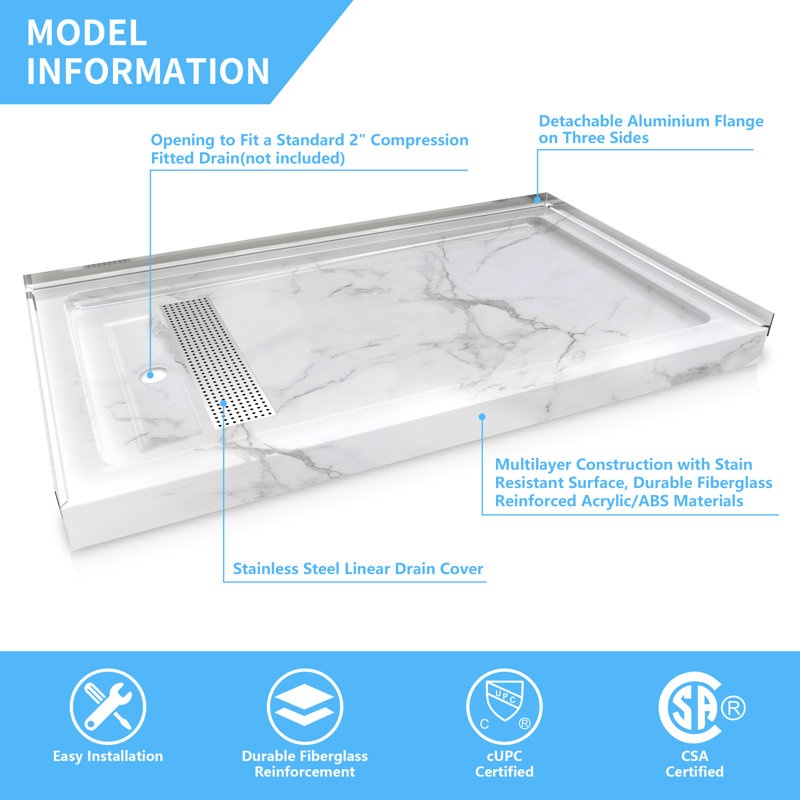 60" W x 36" D Rectangle Shower Base with Stainless Steel Linear Drain, Single & Double Threshold Reversible Installation, Anti-Slip Acrylic Shower Pan with Detachable Aluminum Flanges, cUPC Certified,Marble White