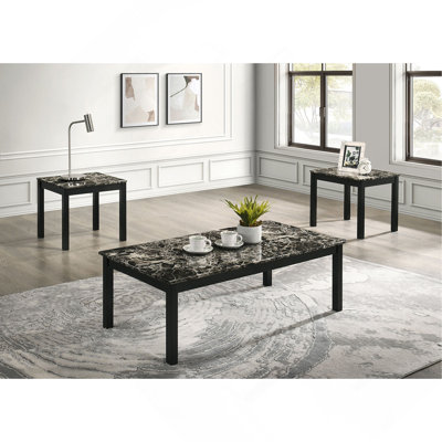 Ensemble de table 3 pièces de style contemporain 1 table basse 1 table de bout 2 x plateau en faux marbre avec pieds en bois au fini noir et blanc
