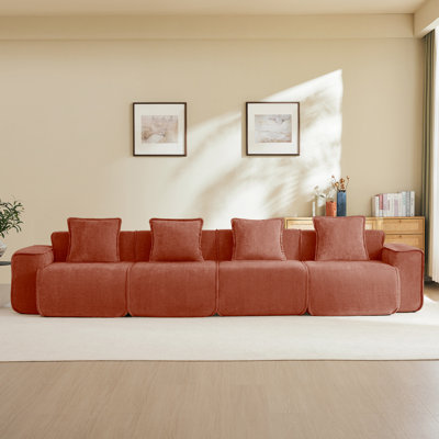 Canapé modulaire à 4 places avec passepoil à bordure française, sans assemblage requis, canapé moderne à 4 places avec coussins décoratifs, tissu de velours rouge