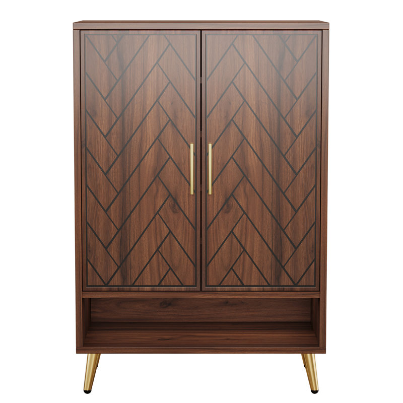 31.5 Inches Walnut & Gold Wooden Shoe Storage Cabinet With Doors