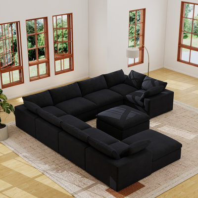 Kenda 10-Piece Upholstered Modern Linen Slipcovered Sectional Sofa With Storage Ottoman