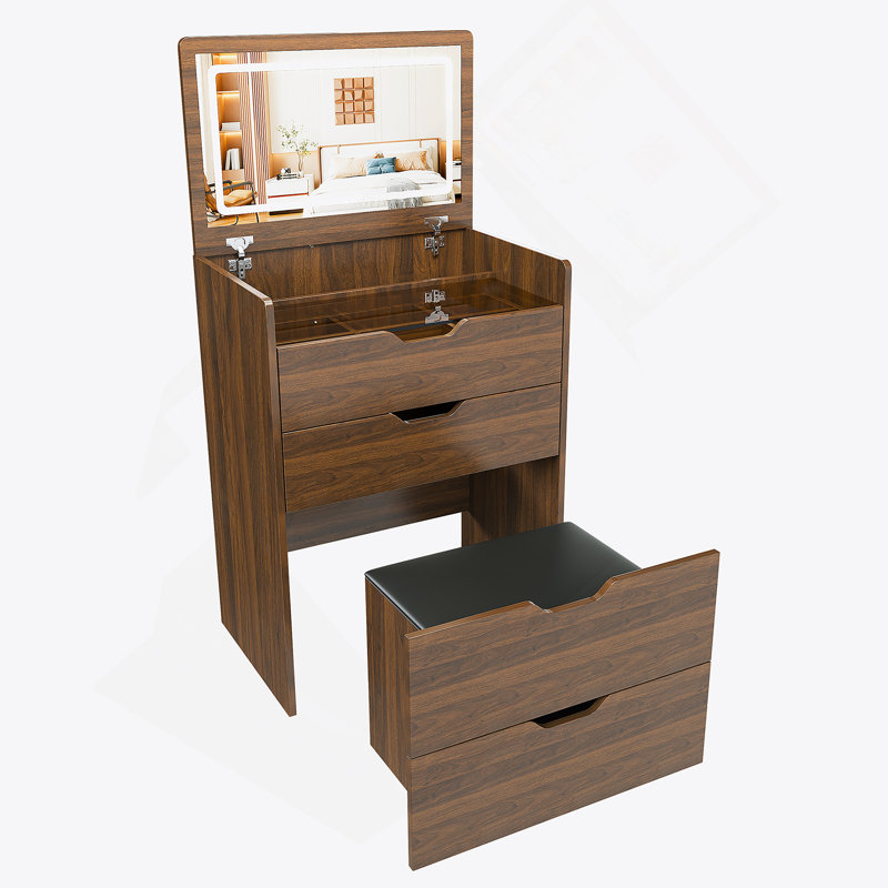 Bureau de coiffeuse avec miroir éclairé et un tabouret, table de maquillage à dessus rabattable pour la chambre à coucher
