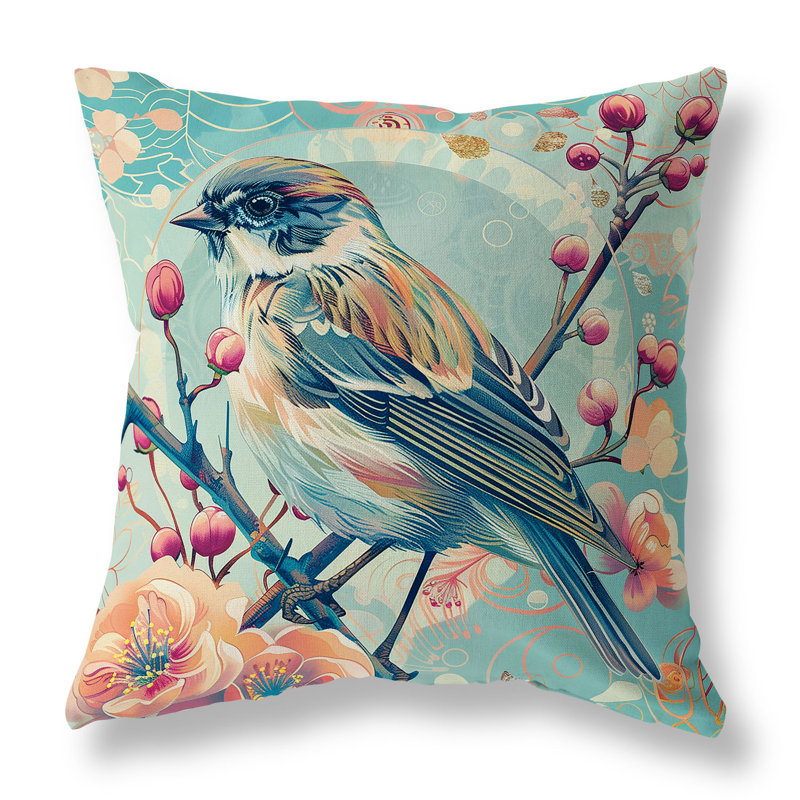 Coussin Berries and Birds, H 16 po x l 16 po, Bleu / Rose