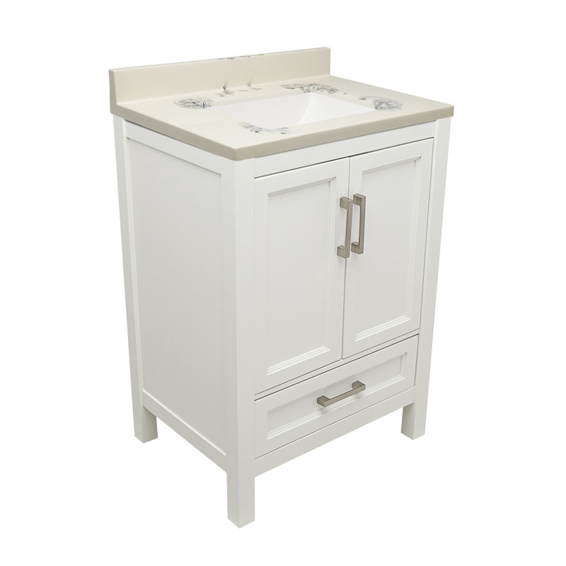 25'' Single Bathroom Vanity with Engineered Quartz Top, Carrera, White