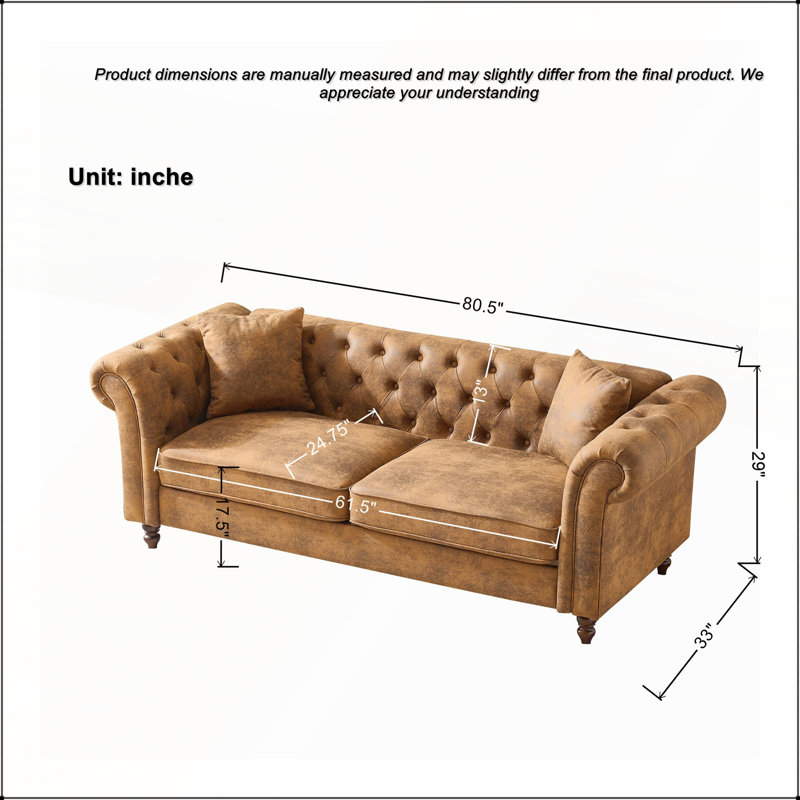 Canapé Chesterfield Tech pour salon et bureau, H 29 po x l 80,5 po x P 33 po, Brun