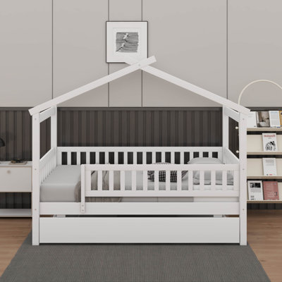 Twin Size Wooden House Bed With Twin Size Trundle, Wood Bed Frame With Roof And Safety Guardrail