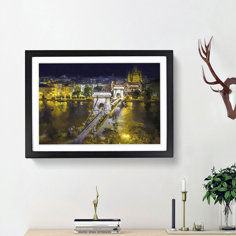 Chain Bridge in Budapest Hungary in Abstract - Picture Frame Graphic Art Print, 48cm H x 65cm W x 2cm D, Black Framed