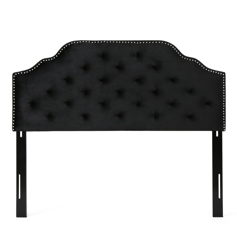 Contemporary Queen & Full Sized Headboard - Black Velvet With Button Diamond Stitch And Appealing Nailhead Border, Assembly Needed Modern Gorgeous Details, Required