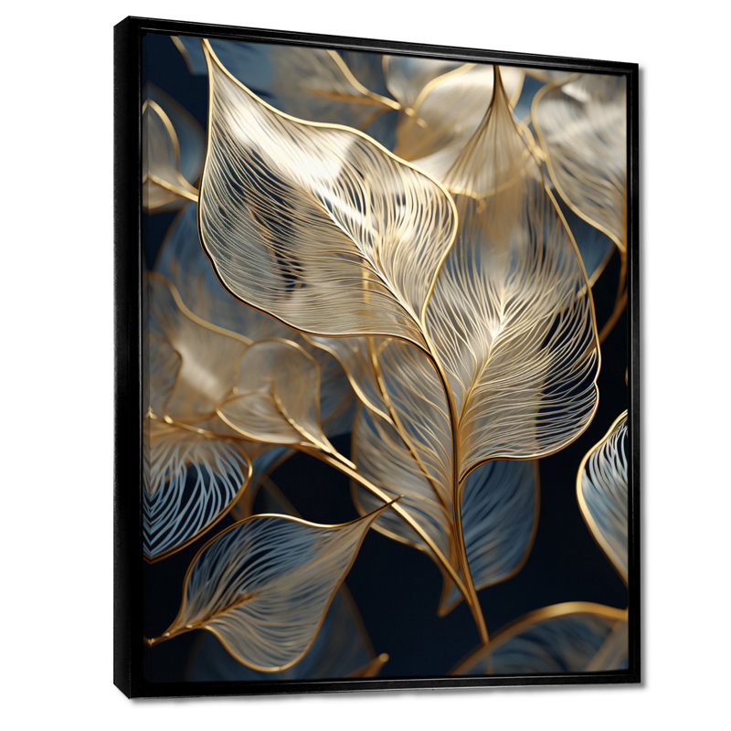 Golden Ginkgo Biloba Leaves - feuilles, impression d'art mural, Toile avec cadre flottant noir, H 20 po x l 12 po x P 1 po