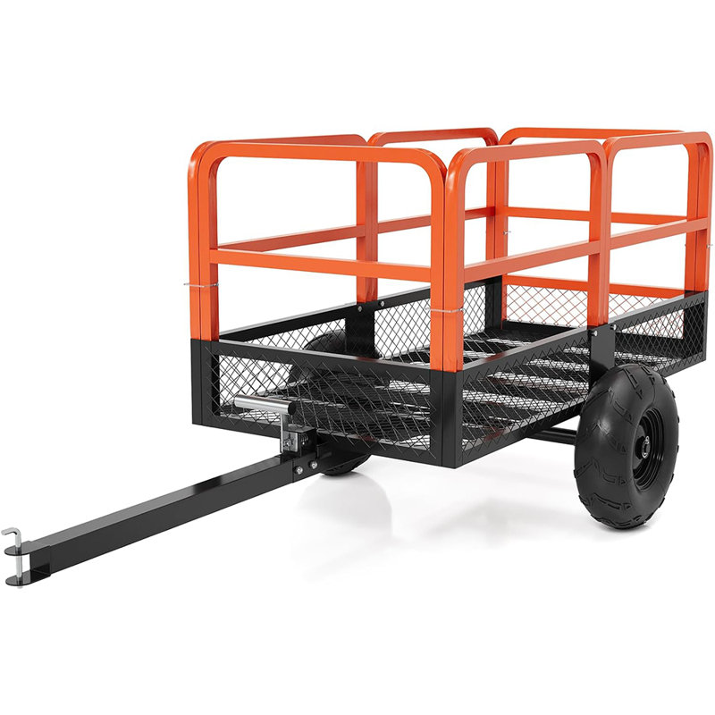 Chariot à benne de jardin robuste, chariot de remorquage en acier de 22 pieds cubes avec 2 roues, Orange