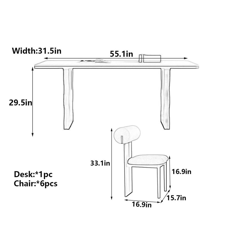 Table de salle à manger rectangulaire French Rock, 29,5 po H x 55,1 po L x 31,5 po D, 7 pièces : table, 6 chaises