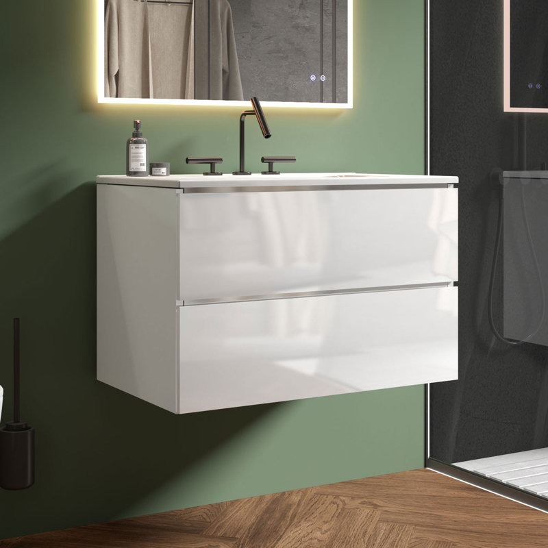 Derrance 30 Inch Single Bathroom Vanity with Ceramic Top with Overflow, Pre-Assembled, White, 30"