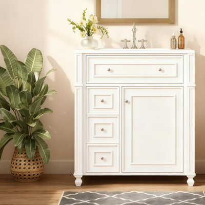 Meuble-lavabo de 30 po de largeur avec lavabo en céramique, armoire de rangement en bois avec tiroir (blanc)