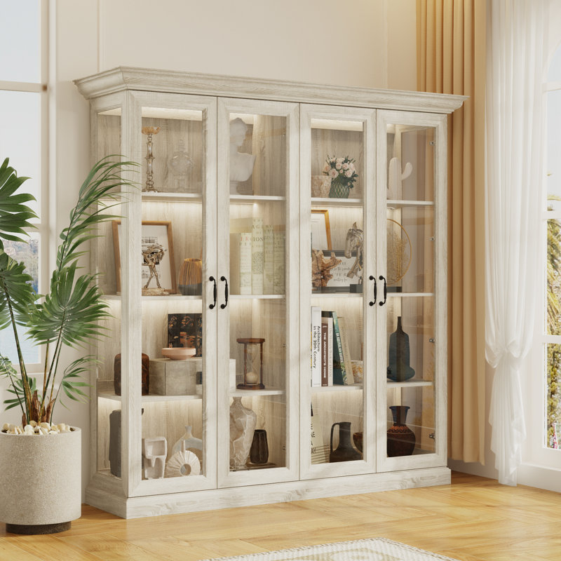 68'' W Gray Oak Glass Display Bookcase With 4 Clear Glass Doors & LED Lighting