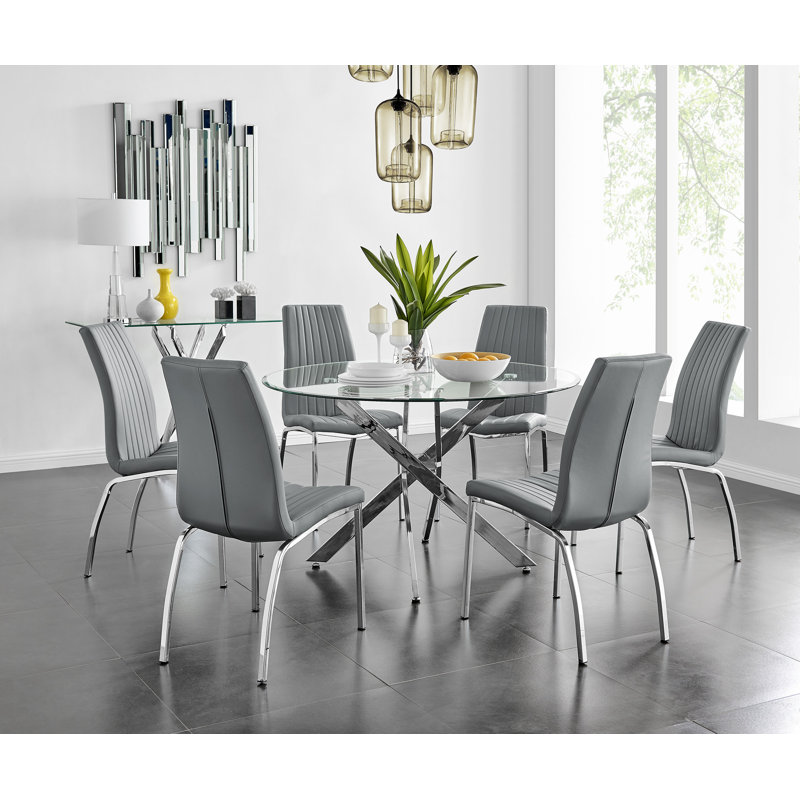 Tierra Sleek Metal and Glass Round Dining Table Set with 6 Faux Leather Upholstered Dining Chairs, Elephant Gray