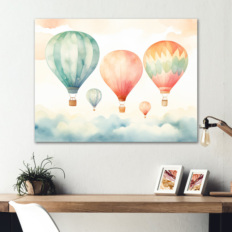 Vert et rouge, aquarelle, montgolfière Horizon I - montgolfière, art mural en métal, H 16 po x l 32 po x P 1 po