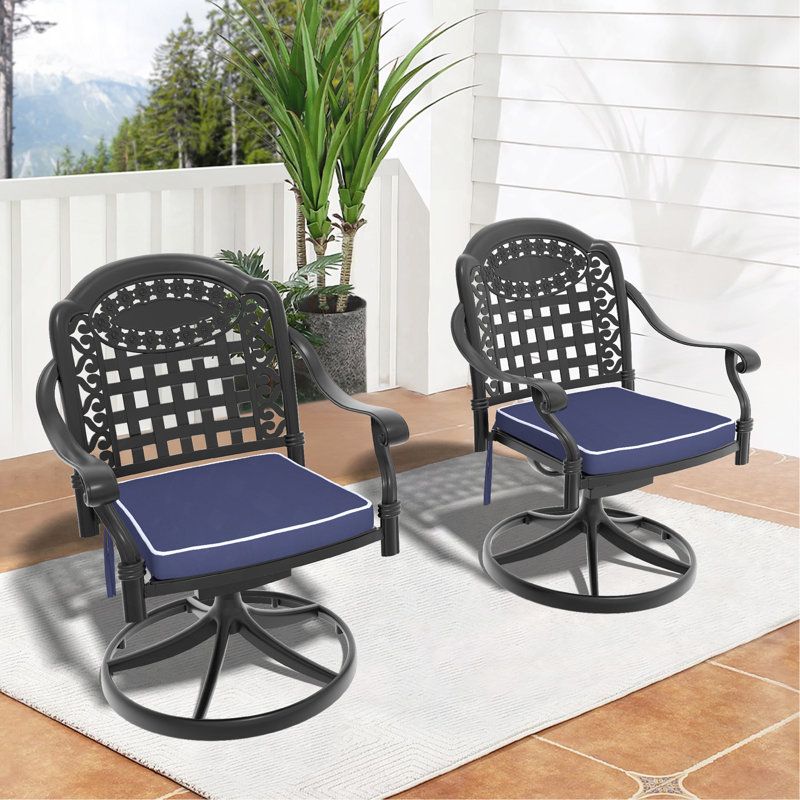 Chaise de patio pivotante en fonte d'aluminium 2 pièces avec structure noire et coussins bleus