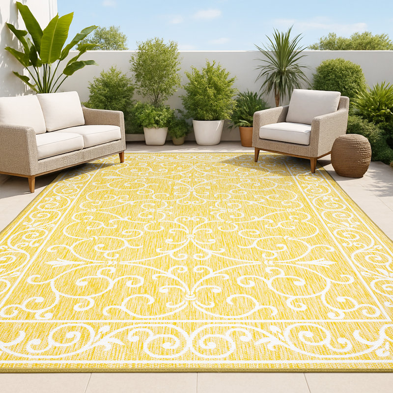 Tapis d'intérieur / extérieur jaune tissé texturé Debbe, Rectangle 9 pi x 12 pi