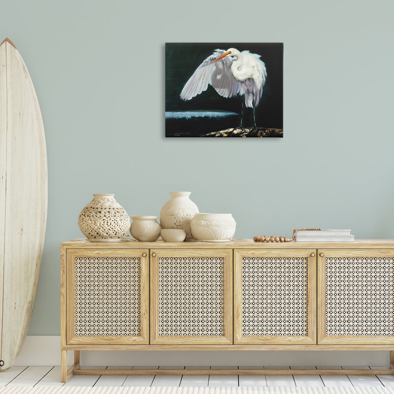 «Stoic Heron», art mural sur toile par D. Rust, H 16 po x l 20 po