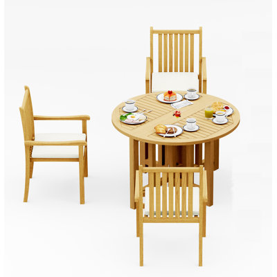 3 Seats 4 Pcs Grade-A Teak Wood Dining Set: 48" Round Butterfly Table And 3 Cahyo Stacking Arm Chairs #11CH0903