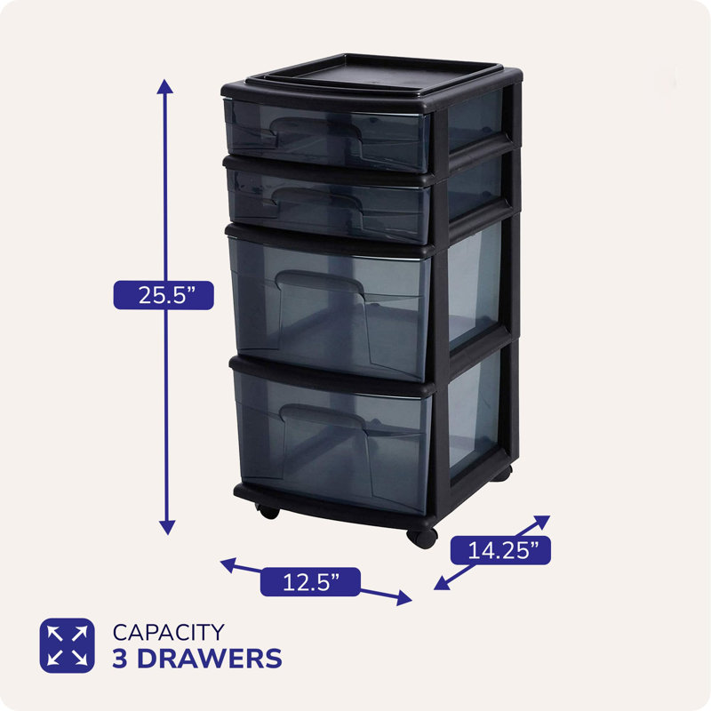 Chariot de rangement en plastique transparent à 4 niveaux, Noir
