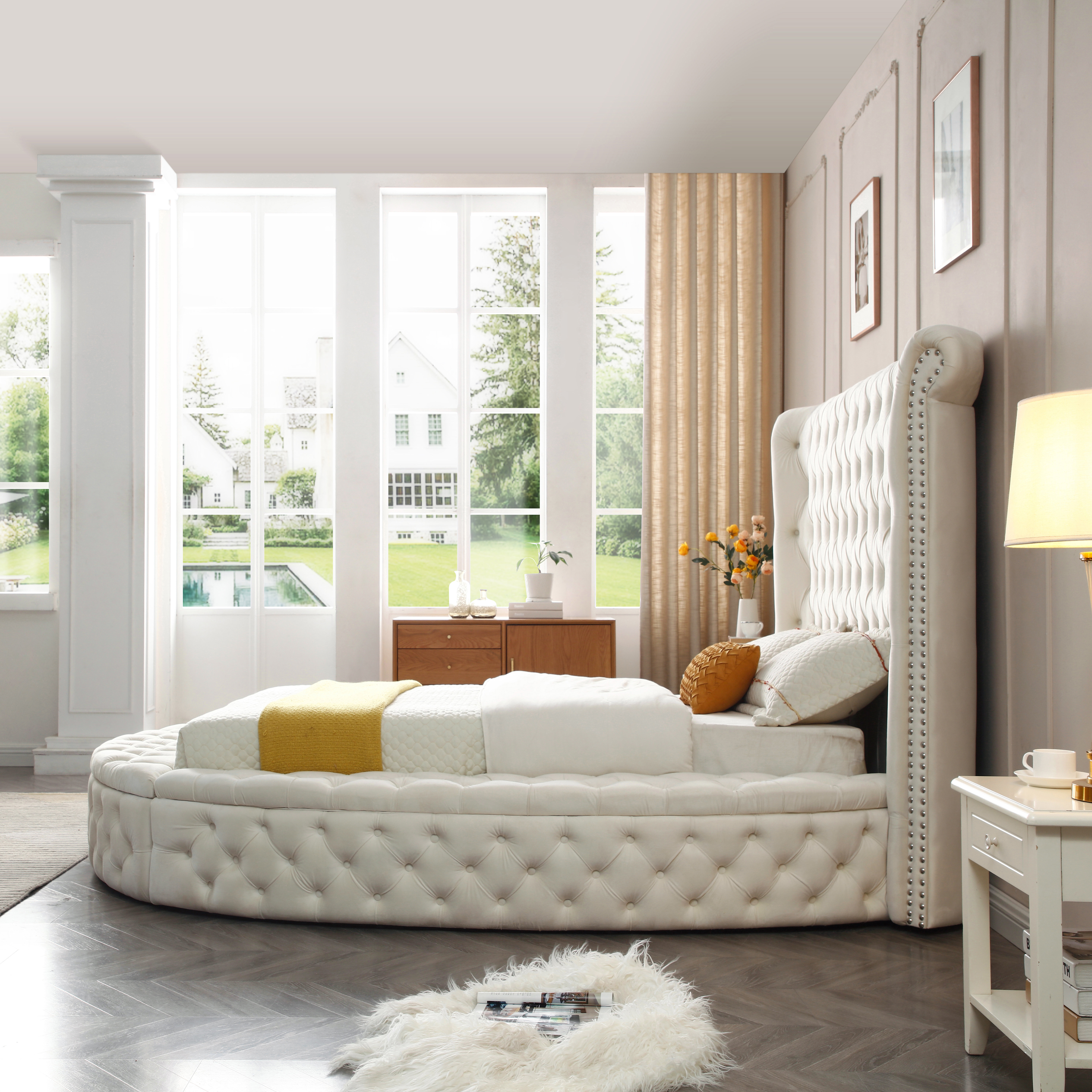 Mirna Upholstered Velvet Round Storage bed with Wingbacks