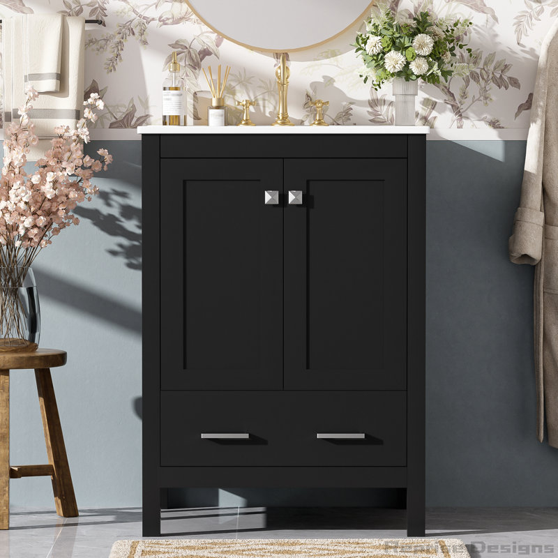Meuble-lavabo de 24 po avec lavabo Comprend une tablette de porte à double couche, conception à fermeture en douceur, Noir