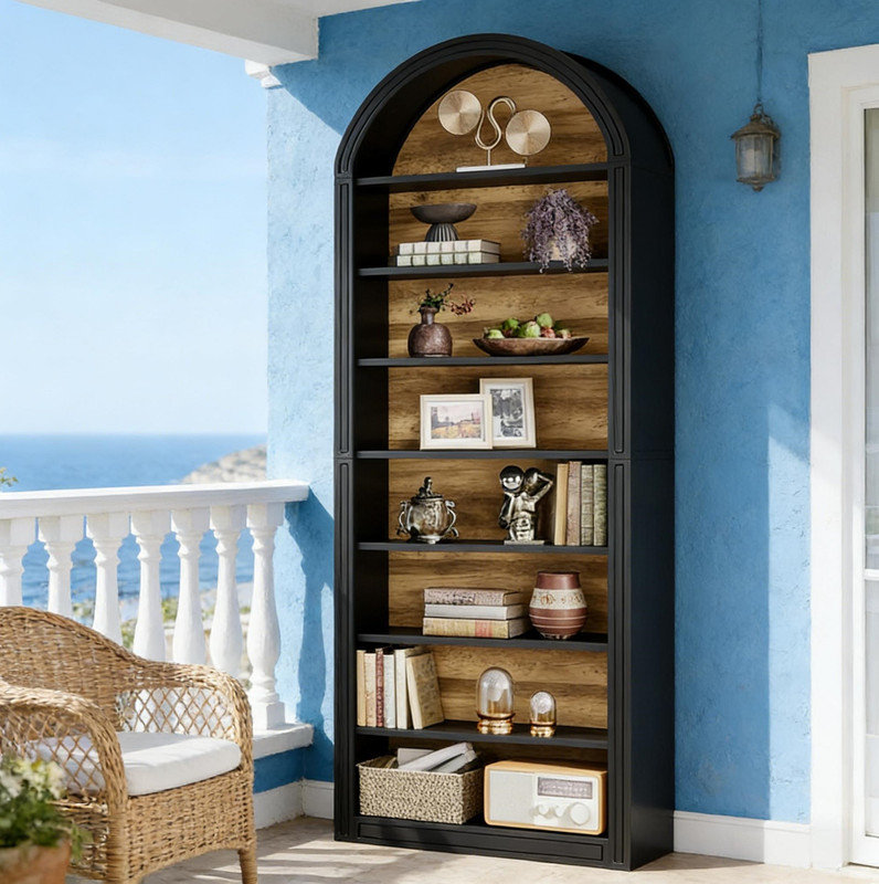 Spacious Display Shelving,Freestanding Bookshelf,Arched Bookcase, Matte Black