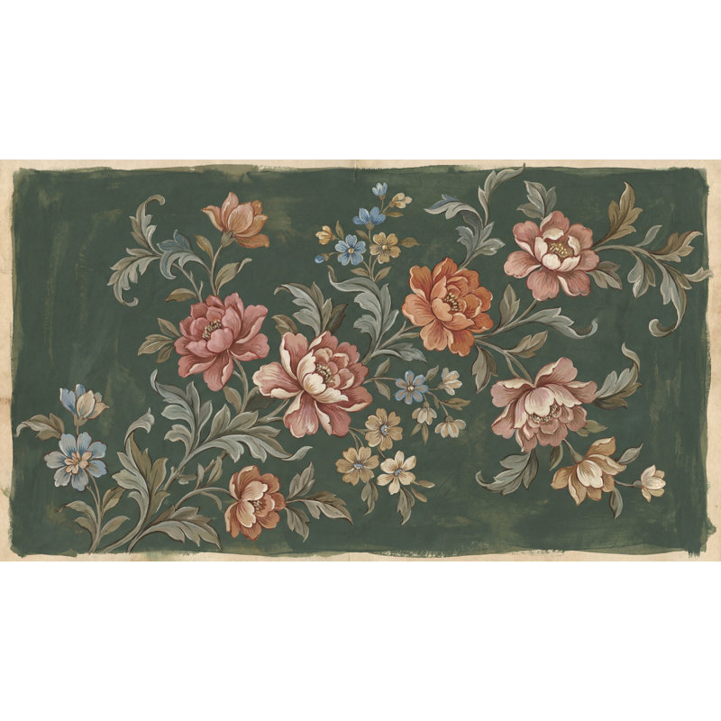 Papier peint floral rétro fond vert foncé peint à la main Botanicals, Texturé non collé, 160 po x 108 po
