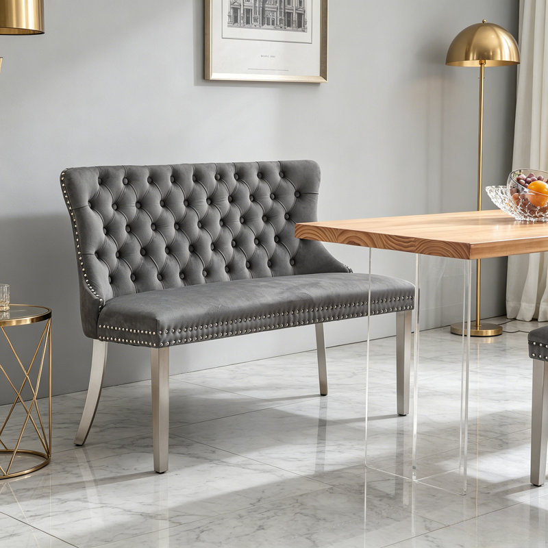 Banc de salle à manger capitonné en velours 2 places avec pieds en acier, Gris, Argent