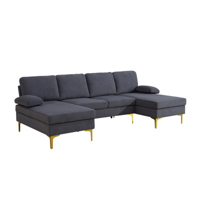 Canapé double symétrique gris foncé, canapé modulaire en forme de U de 110 po de large avec pieds doubles et pieds en métal doré, tissu texturé