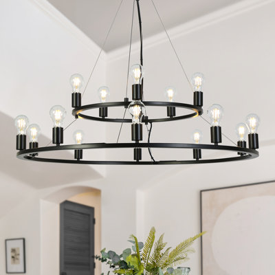 Grand lustre de ferme moderne 15 lumières à 2 niveaux et 39,4 po de large à intensité variable
