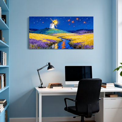 Landscape & Nature Starry Night Windmill Landscape Canvas Print