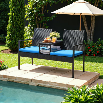 Patio Loveseat Outdoor Wicker Furniture Conversation Set with Soft Cushions & Built-in Coffee Table for Lawn Garden Backyard