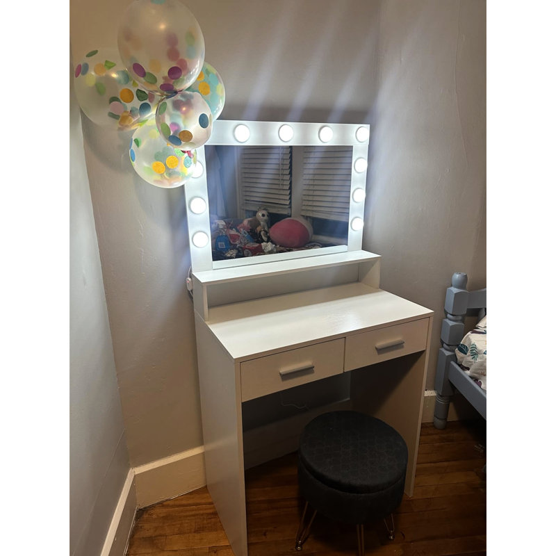 Bureau de meuble-lavabo de chambre à coucher avec rangement à 2 niveaux, lumières miroir, grand tiroir - option d'éclairage blanc 3 modes d'éclairage, miroir, glamour