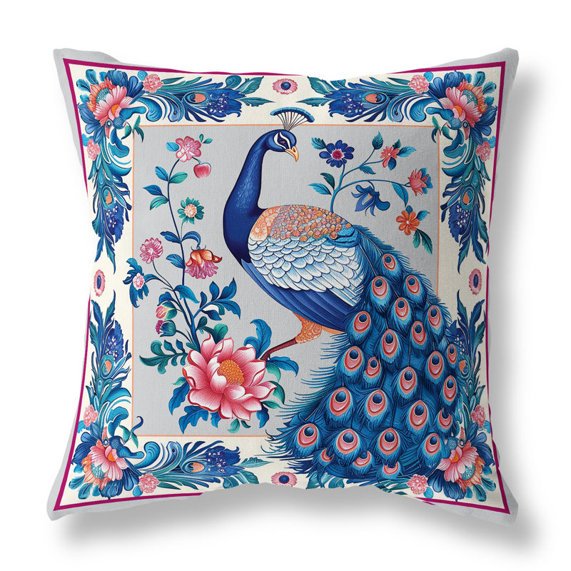 Coussin Peacock Blossom, Bleu / Orange, H 16 po x l 16 po