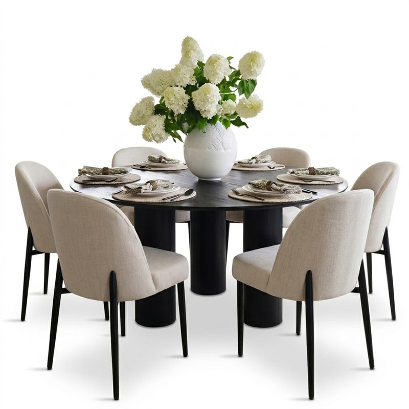 Modern 7-Piece Round Dining Set With Multi-Pedestal Base Table And Upholstered Side Chairs, Beige