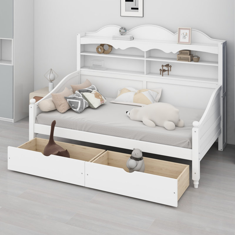 Retro Wooden Daybed Including Storage Drawers and Storage Headboard Shelves for Bedroom, Living Room and Guest Room, White