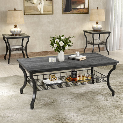 Aliona 3 - Piece Charcoal Gray Coffee Table and End Table Set, Modern Industrial Accent Tables with Storage Shelf, Engineered Wood and Metal Living Room Furniture