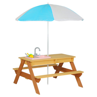 3 - In 1 Multi Purpose Table With Sand And Water Capability, 43" Umbrella, 100% Wood, Red Brown Yellow Colors, Easy To Put Together, 4 Seat Design Adjustable Umbrella Wooden Sand, Water, Picnic