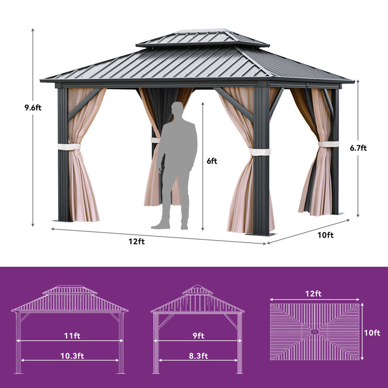 Abri de jardin pour patio en métal en aluminium mesurant l 16 pi x P 12 pi, Brun