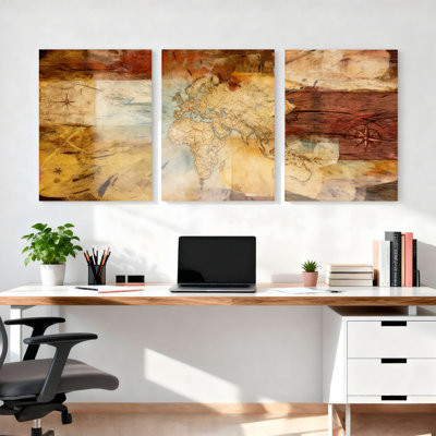 Carte du monde rétro sur toile tendue, reproduction d'art sur toile, ensemble de 3