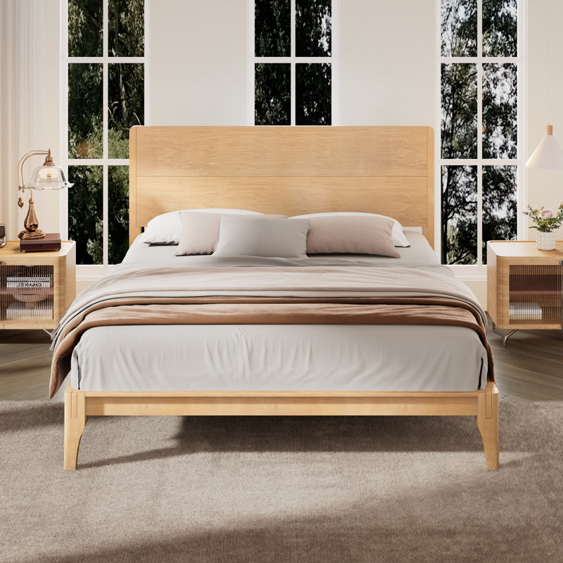 Grand lit plateforme en bois avec pieds robustes en bois, Naturel