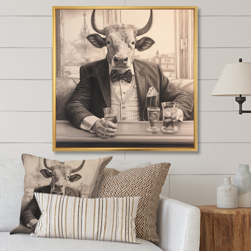 " Cow Having A Drink III ", Gold Floater Framed, 30" H x 30" W x 1" D