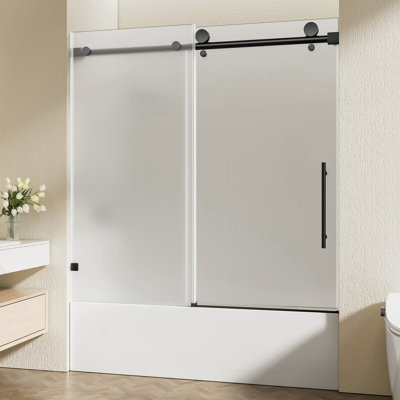 56"-60" W x 60" H Frameless Single Sliding Shower Door, Soft-Close Matte Black Bathtub Door, 5/16" (8mm) Frosted Ultra-Clear Nano-Coated Tempered Glass, Stainless Steel Handle