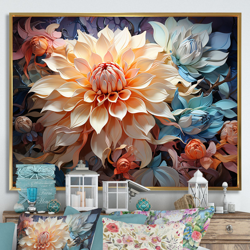 Dahlia Blossom Reverie sur toile, Cadre flottant doré, H 30 po x l 40 po x P 1,5 po