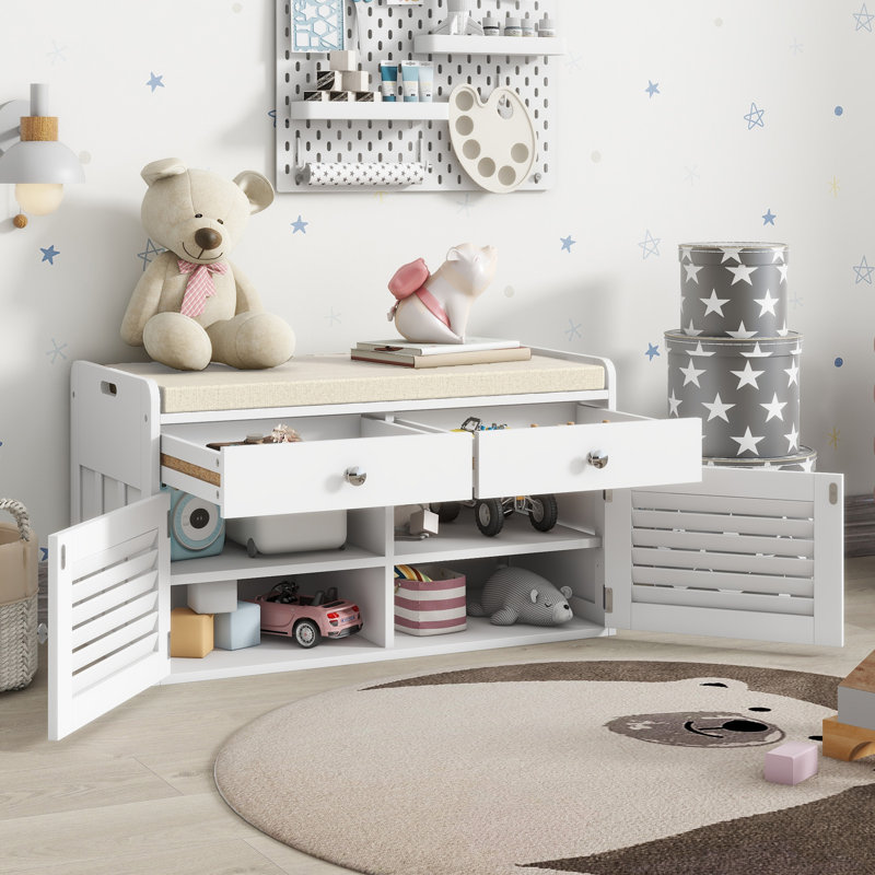 Shoe Storage Bench with 2 Drawers, Wood Entryway Bench with Cushion, 2 Adjustable Shelves, White