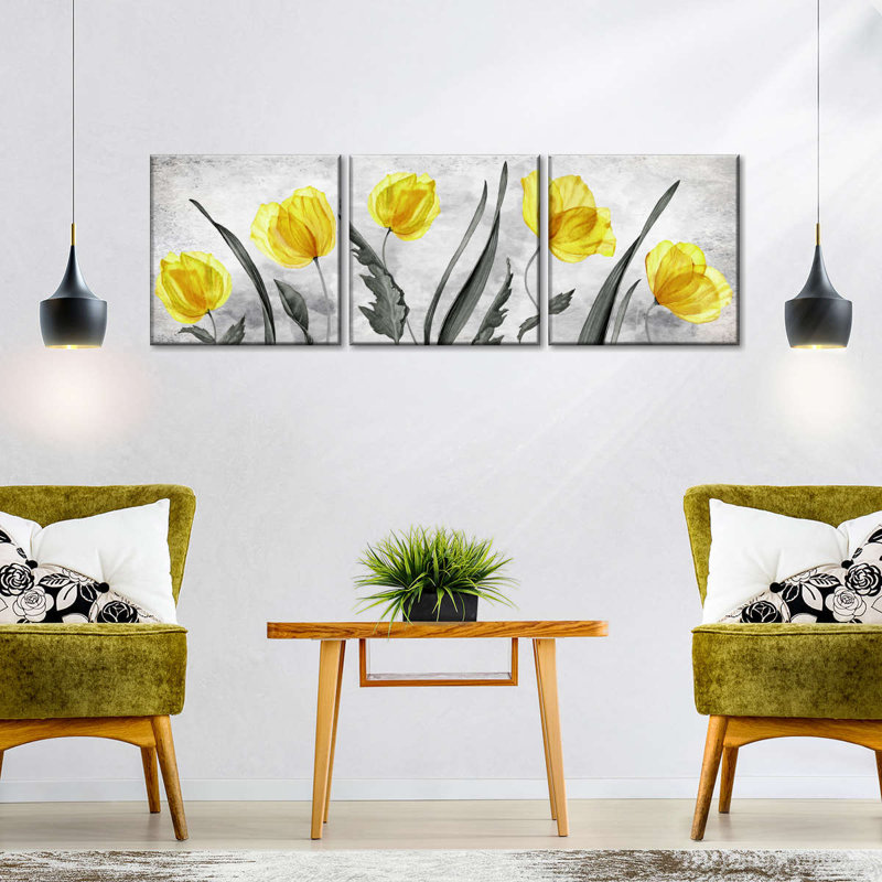 Tulipes jaunes vives sur toile, 3 pièces, H 36 po x l 110 po x P 1 po