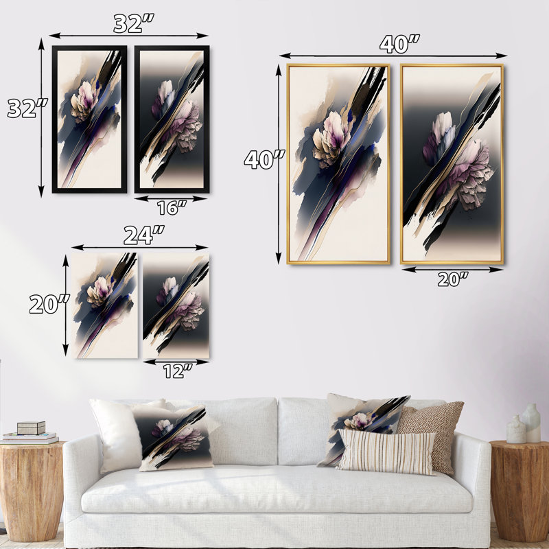 «Mauve et beige pivoine hyperréaliste», 2 pièces sur toile, Encadrement brun, H 32 po x l 32 po
