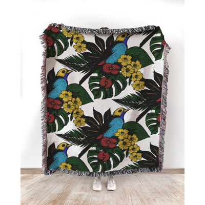Tropical Flowers Palm Leaves 100% Cotton Throw